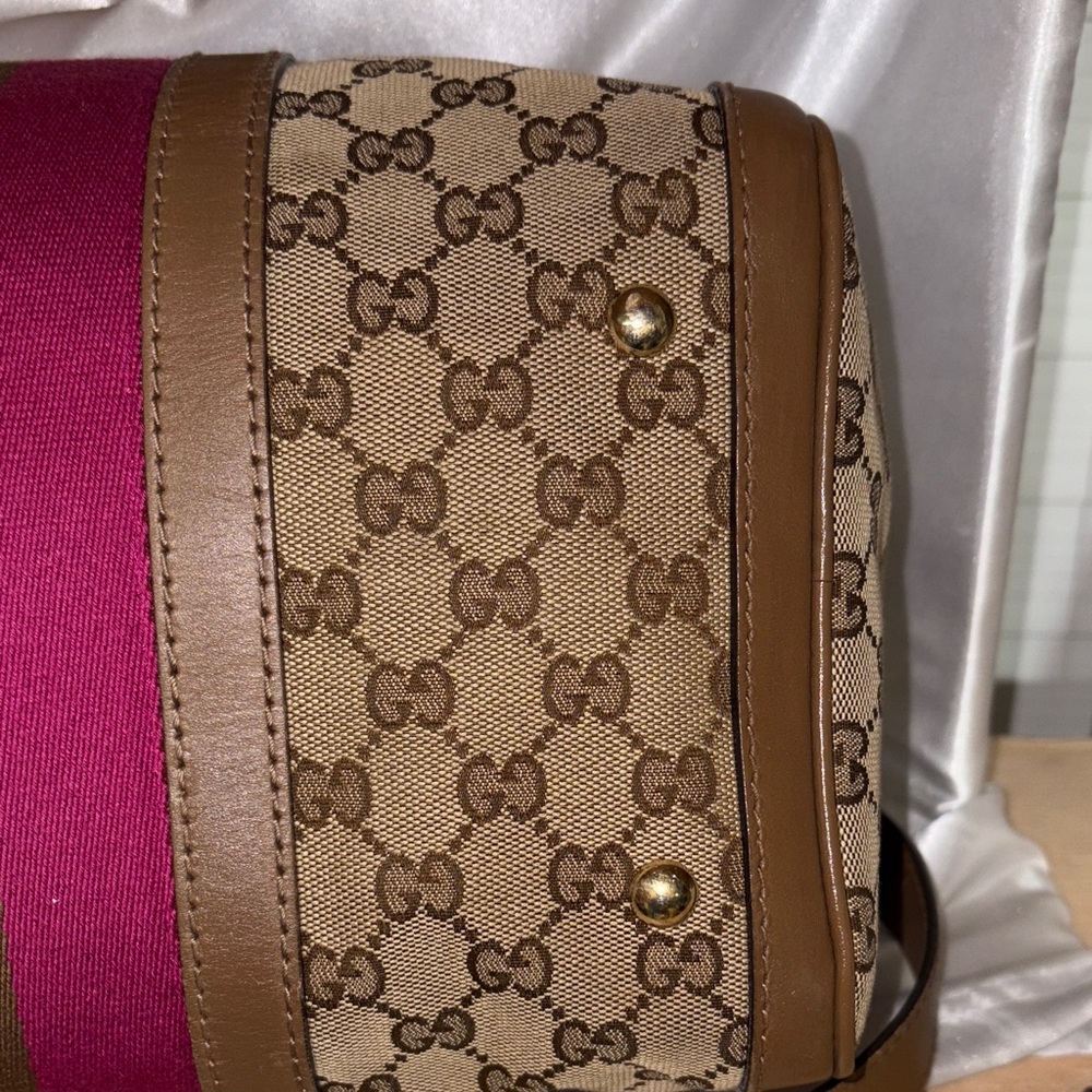 Gucci Beige GG Canvas Top-Handle Bag with Pink & Brown Stripe - Picture 11 of 17